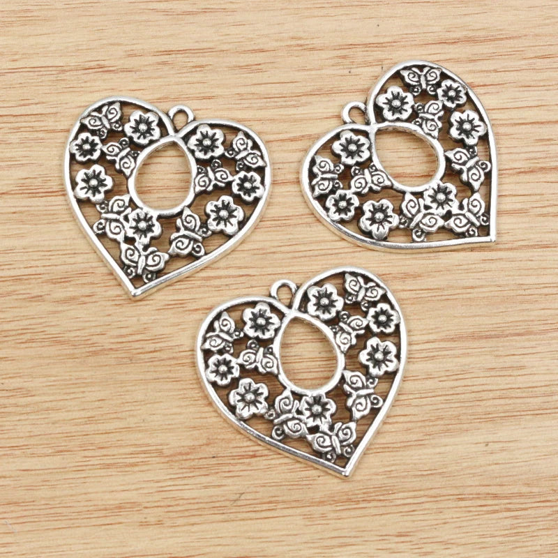 5pcs 32x31mm Antique Silver Plated Heart Flower Handmade Charms Pendant:DIY Jewelry Making Findings for Bracelet Necklace