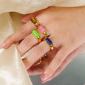 Wholesale Stainless Steel Jewelry 18K Gold Plated Round Green Brown Stone Pressed Floral Design Unisex Statement Ring for Women MegaBDM