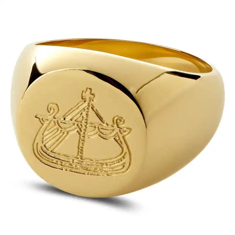 High Quality Hard-Wearing Stainless Steel Engraved Viking Drakkar Boat Statement Signet Ring for Men