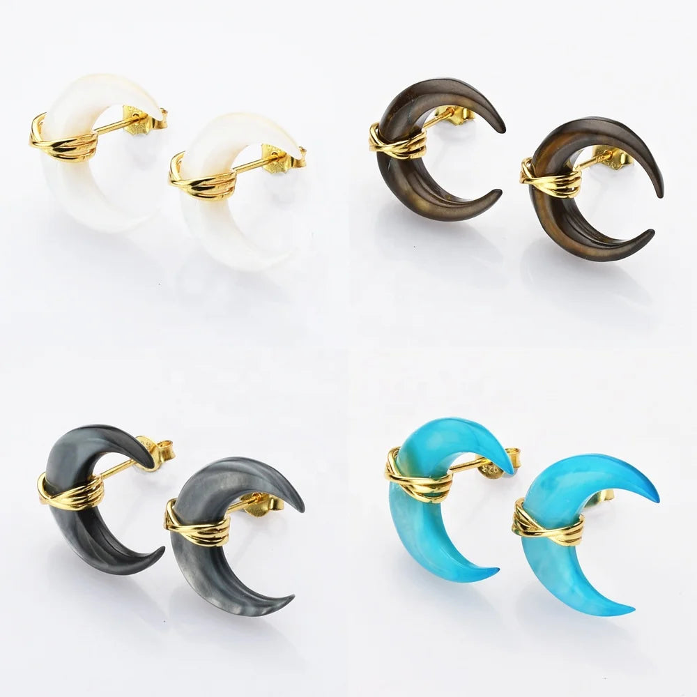 925 Sterling Silver Crescent Moon Natural Pearl Shell Fashion Jewelry Big Earrings 2022