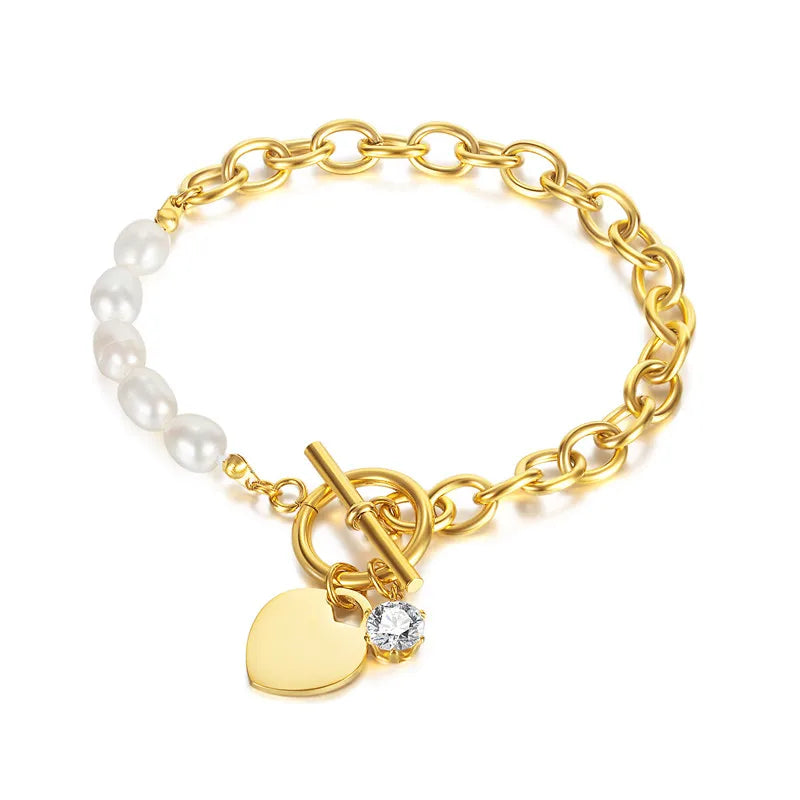 Wholesale Fresh Water Pearl Splicing Chain Cold Wind Heart Inlaid With Zircon Titanium Steel  Buckle Braceletfor Women Girl
