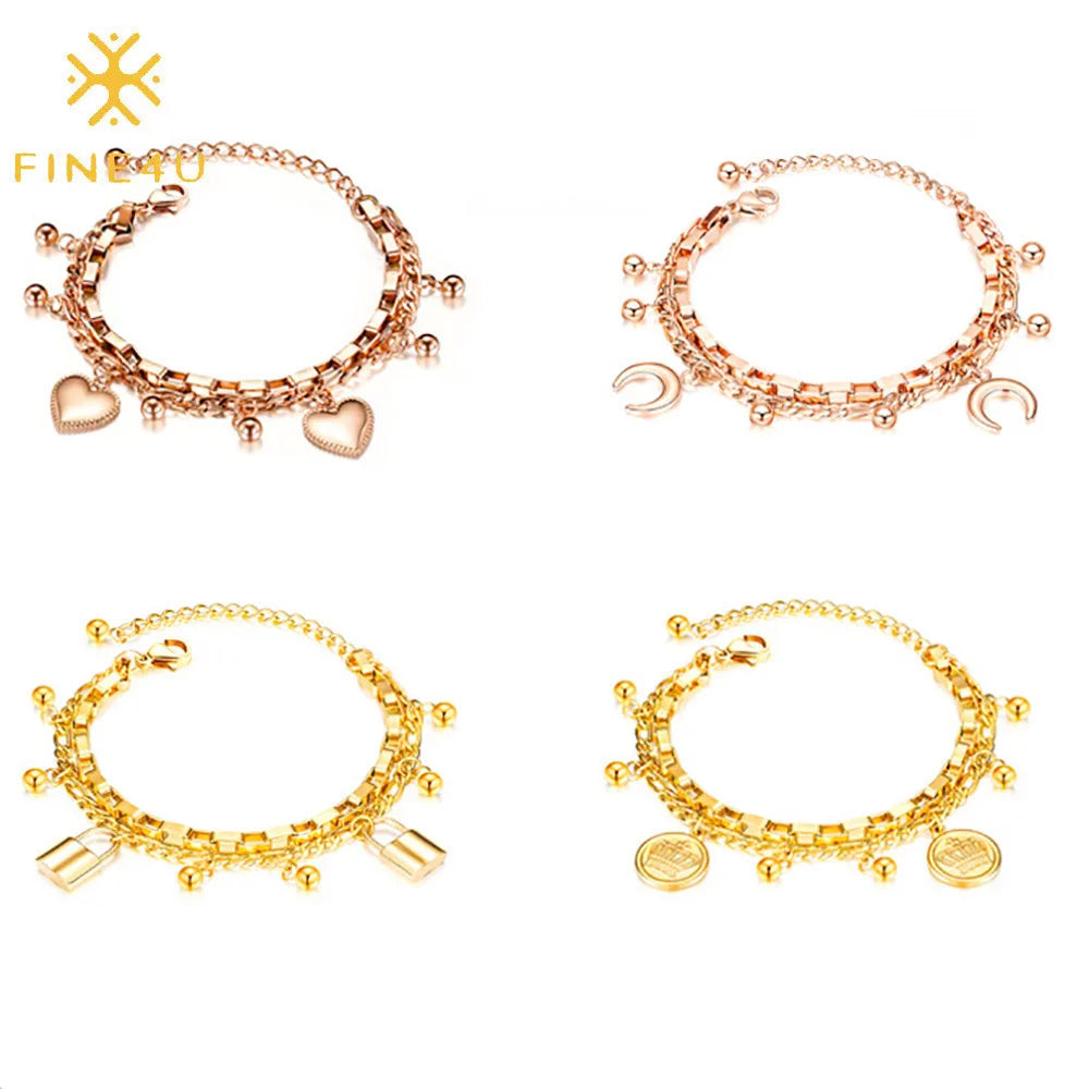 Chic Femmes Jewelry Heart Moon Charms Layered Chain Lock Bead Bracelets Bangles Gold Plated Stainless Steel
