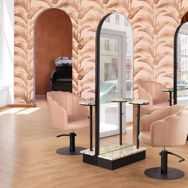 Portable Double Sided Mirror Station for Hair Styling Modern Barber Salon Unit with Glass Table and Base Marble Design