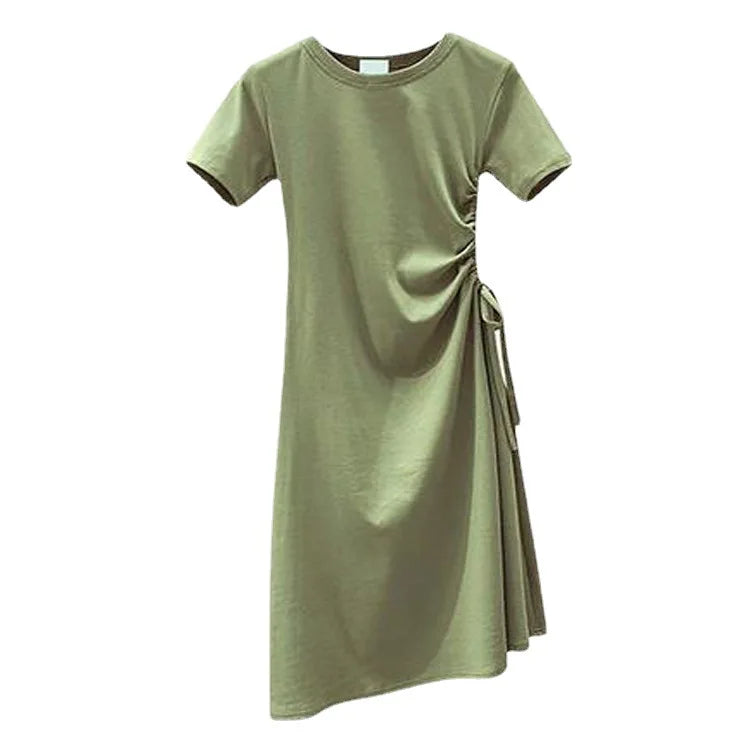 Women's New Fashion Solid Color Short Sleeve O-Neck T-Shirt Hot Sales Casual Dress Side Drawstring Closed Waist Rope Natural