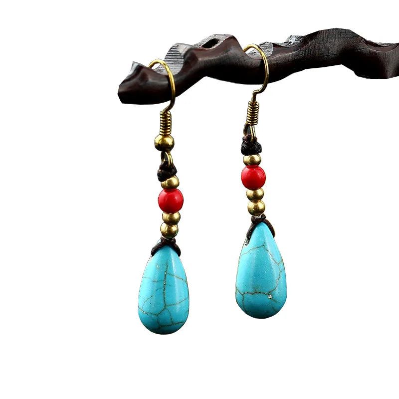 New Personality Bohemian Handmade Natural Stone Gemstone Water Drop Turquoise Earrings Ethnic Copper Beads Earring for Fashion