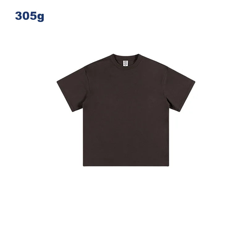 100% Cotton 305G Heavy T-shirt Trendy Brand Short-Sleeved Boxy for Teenagers Solid Color Pure Knitted Fabric