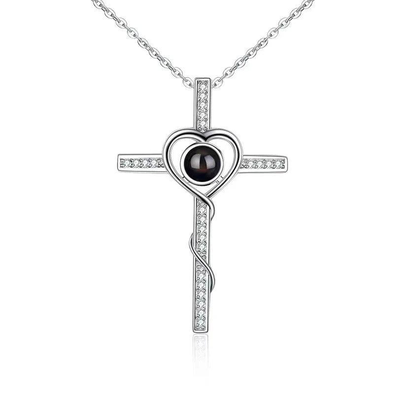 Qiuhan 100 Languages Projection Pendant Collarbone Chain Cross Necklace