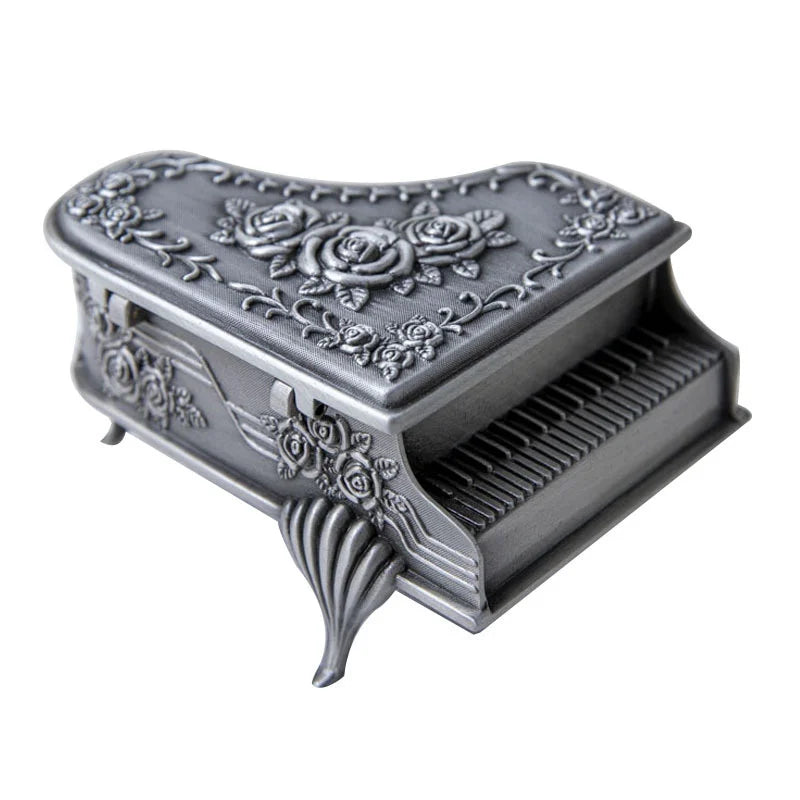 European Wholesale Cute Rose Flower Metal Triangle Piano Music Jewelry Box for Gift