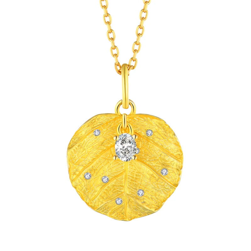 YILUN 18K Yellow Gold Plated Nature-Inspired CZ Stone 925 Sterling Silver Leaf Pendant Necklace for Women