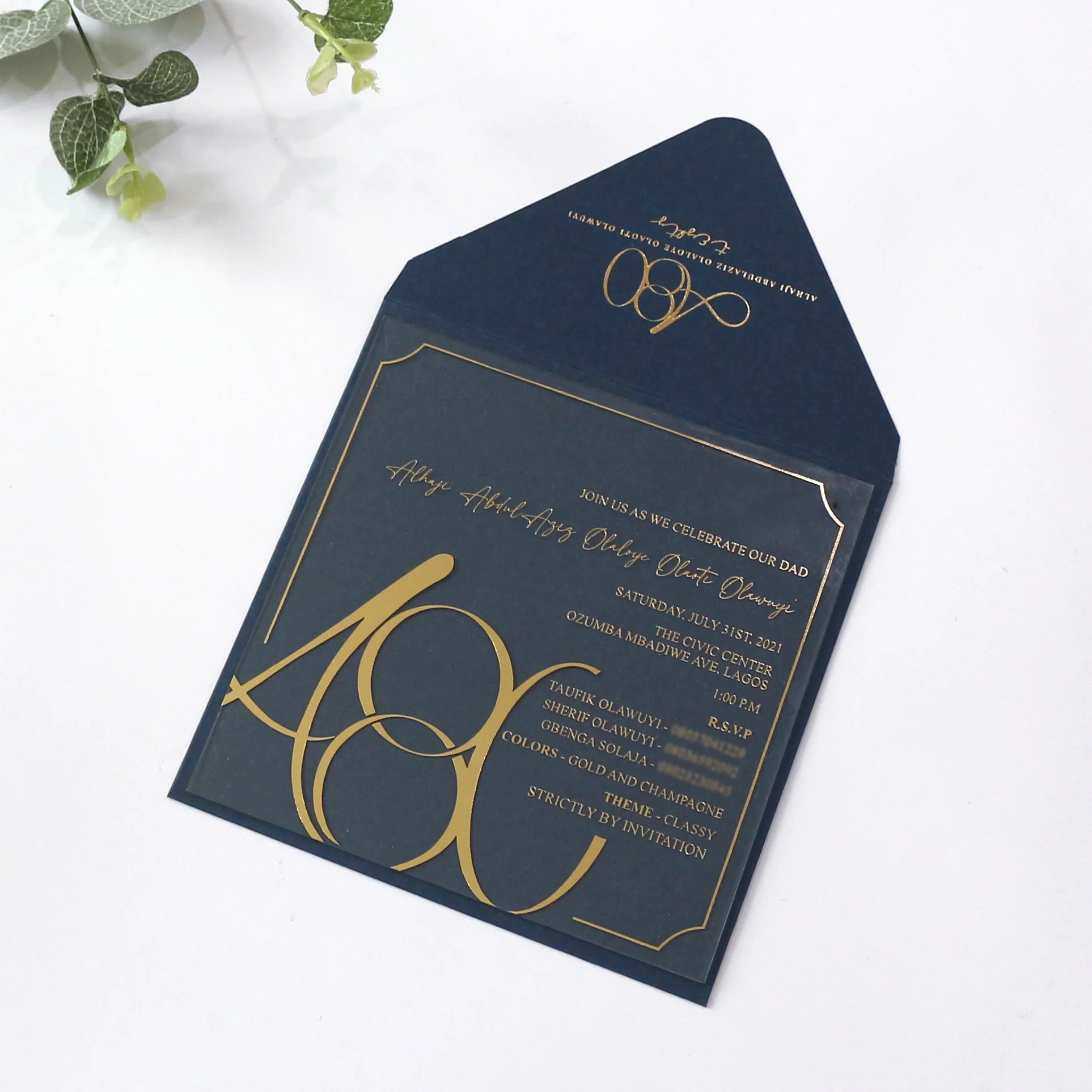 Clear Acrylic Wedding Invitation Royal Dark Blue Envelope Gold Foil Address Event Invitation
