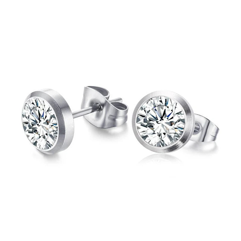 Fashion Jewelry Small Round 8mm Cubic Zirconia Cz Mens Women Girls Silver Stainless Steel Stud Earrings