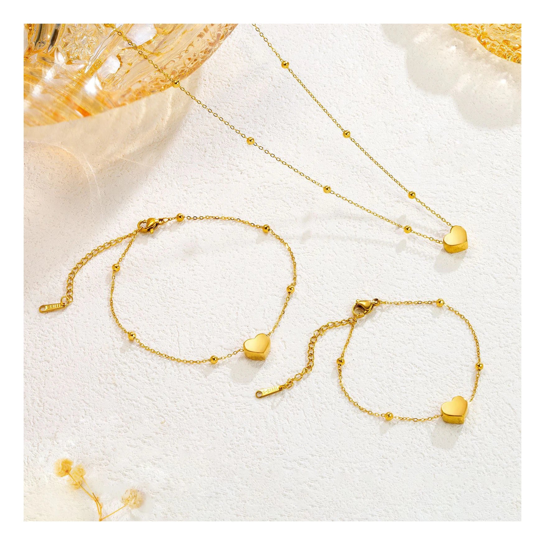 Simple Stainless Steel Gold Color Adjustable Heart Love Chain Necklace Bracelets for Women Girls Non-Fading Jewelry Set