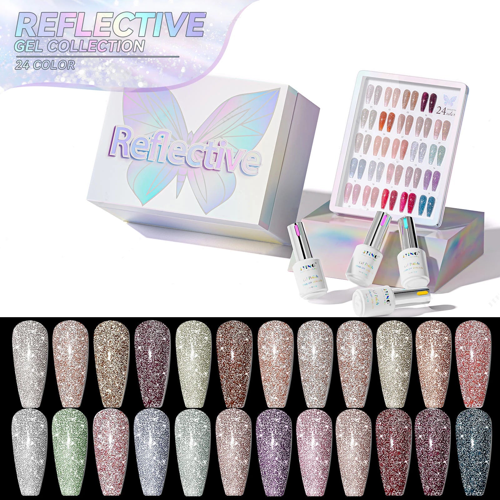 JTING Innovative Craft Reflective Gel Collection Box Free Elegent Color Book 24color Disco Reflective High Shiny Gel Nail Polish