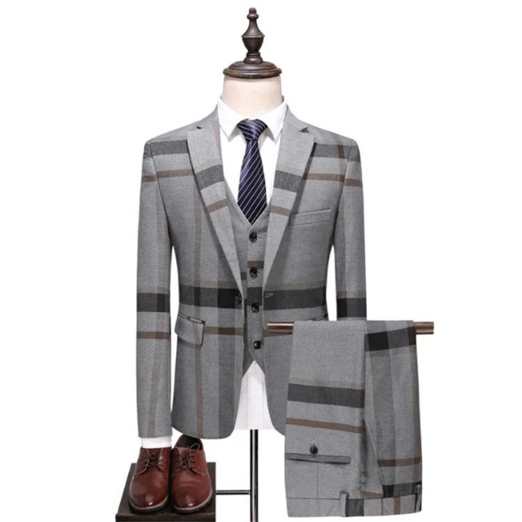 Wholesale Men's Suits Casual Suit Three-piece Korean Version Slim Large Size Plaid Groom Dress Suit