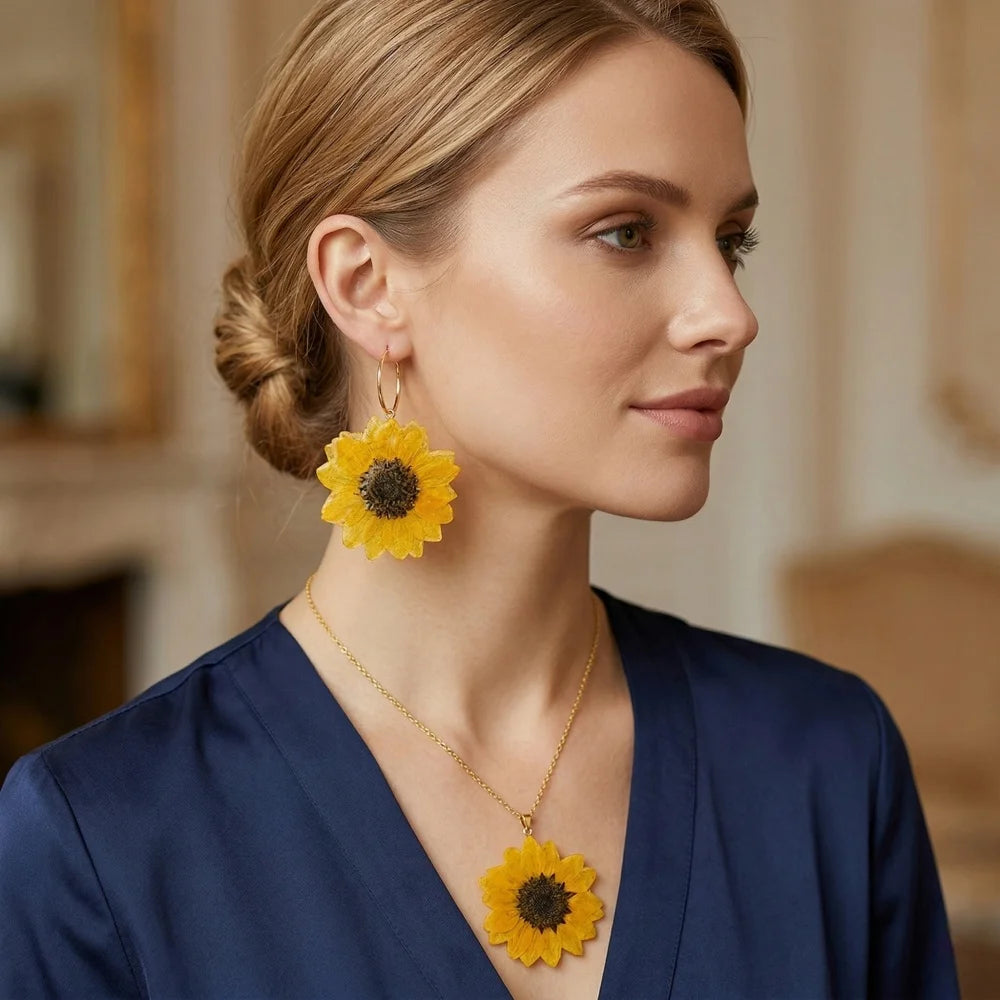 Handmade Summer Sunflower Earrings Eco-Friendly Resin Epoxy 18K Gold Plated Silver Studs Yellow Flower Seasonal Jewelry Gift