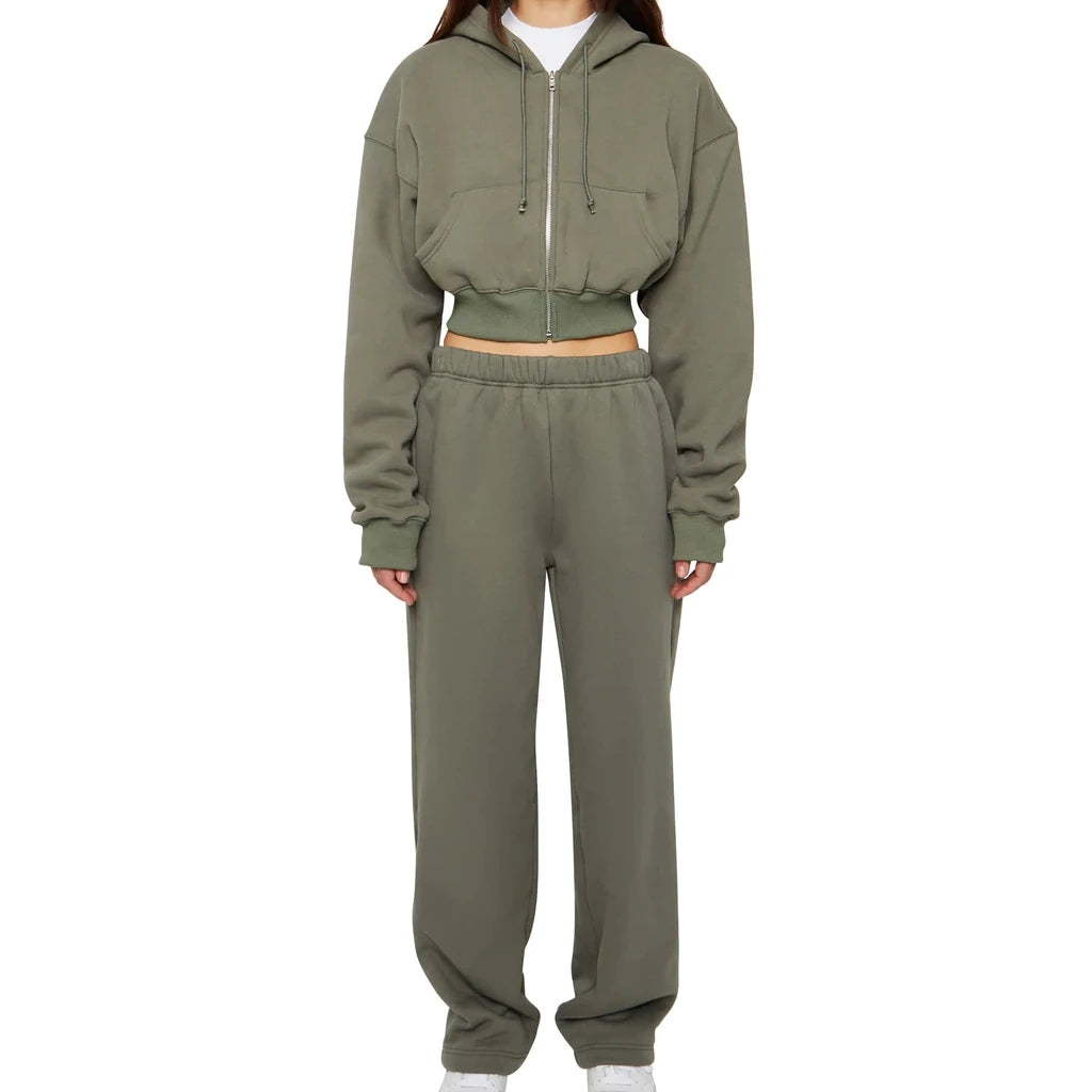 Custom Blank Casual Fleece Front Logo Drop Shoulder Women Sweatsuits Hoodie and Joggers Set