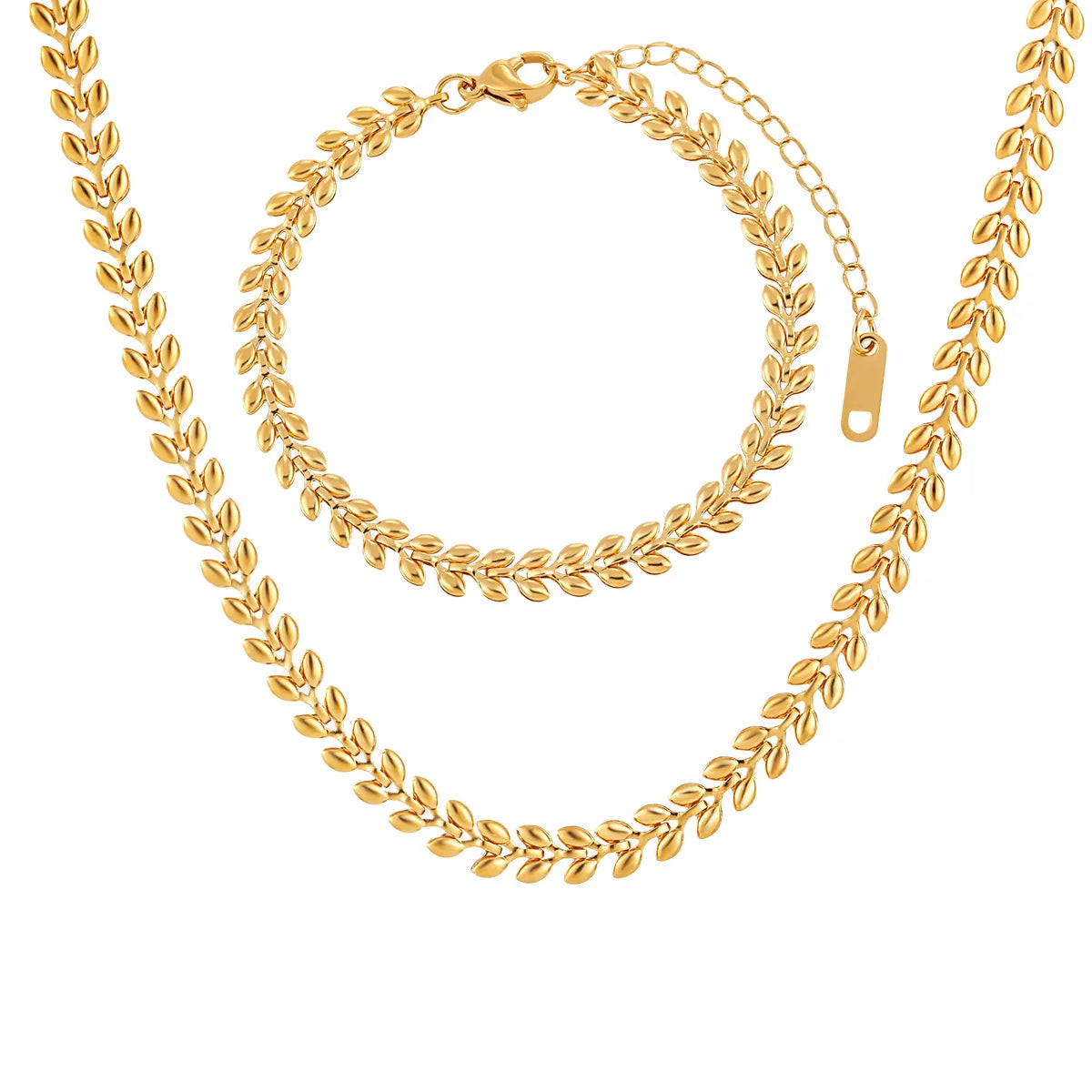 Unique Stainless Steel 18k Gold Plated Wheat Leaf Link Chain Bracelet Necklace Jewelry Set for Women