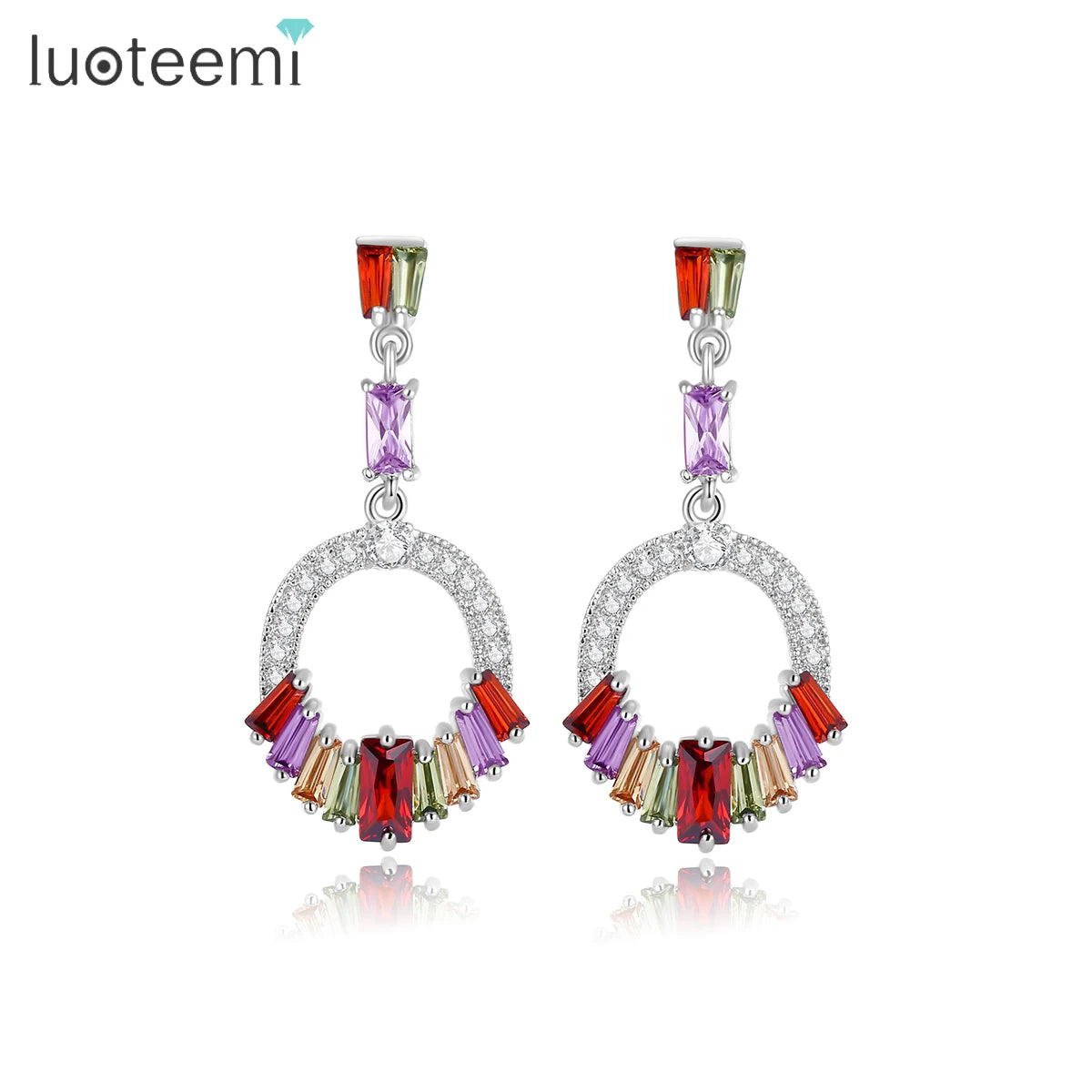 LUOTEEMI Fashion Women's Earrings Drop Circle with Rectangle Cubic Zircon Inlaid Rhodium White Gold Plated Dangle Earring