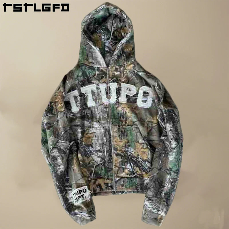 Streetwear Custom Applique Hoodies Embroidery Heavyweight Cotton All Over Print Zip up Camo Camouflage Real Tree Camo Hoodie Men