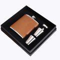Custom 6oz 7oz 8oz Stainless Steel Liquor Pocket  Gift Box Brown Leather Stainless Hip Flask Gift Set with Funnel&2 Shot Glass