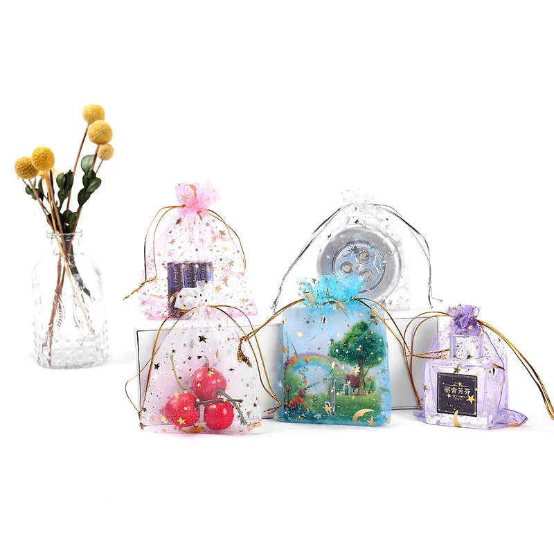 Cross-border Supply Hot-stamped Star and Moon Mesh Bag Drawstring Gift Bag for Jewelry Candy Christmas Gifts Packaging
