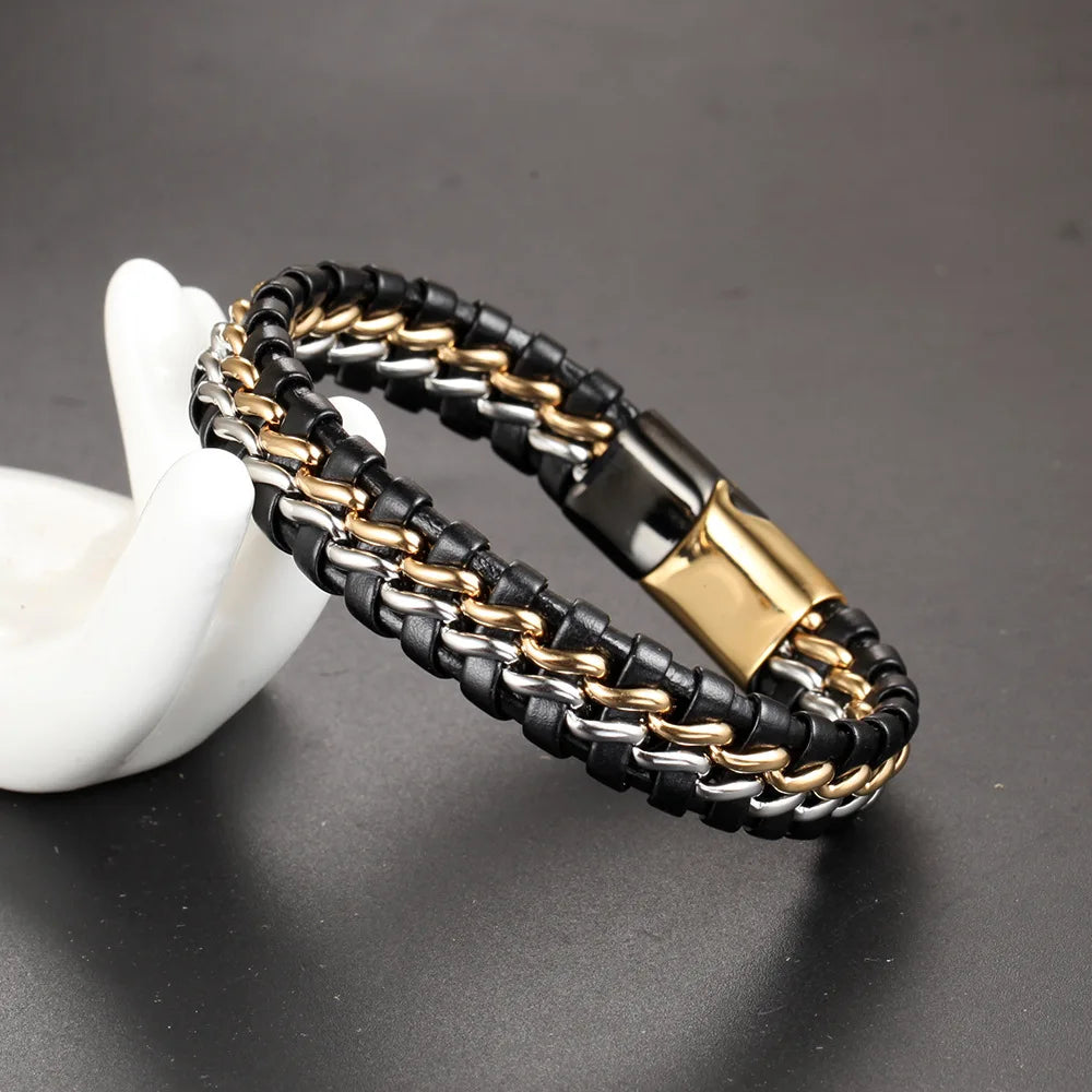 Europe New Arrival Stainless Steel Magnet Leather Bracelet Handmade Braided Leather Bracelet for Men
