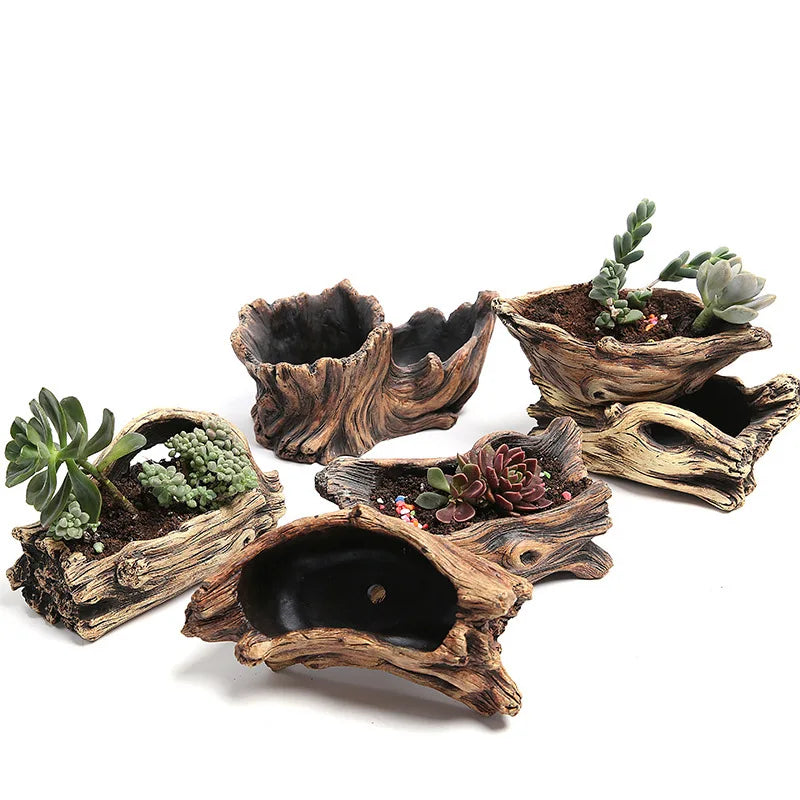 Outdoor Indoor Decorations Cement Flower Pots Bonsai Gardening Stump Log Container Cement Old Tree Roots Carving Planter