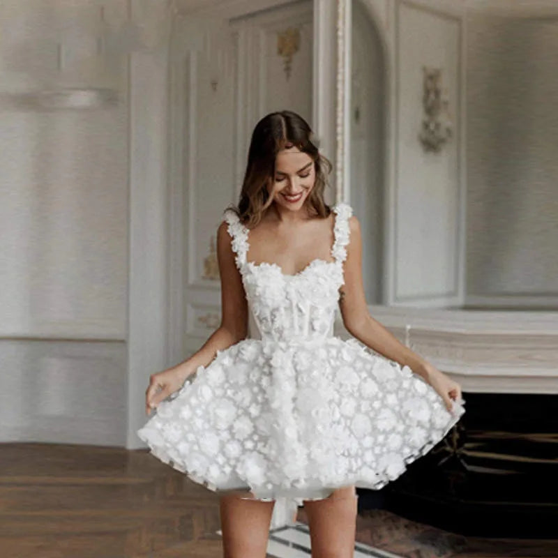 Free Customized Spaghetti Straps Corset Sleeveless Lace a Line  Bridal Gowns 3D Flowers Short Wedding Dress