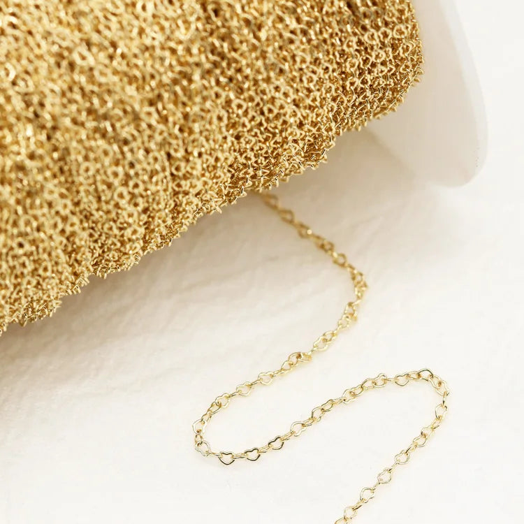 14K Real Gold Plated Brass Heart Link Chains Soldered Brass Cable Chains for Bracelet Necklace Jewelry Making