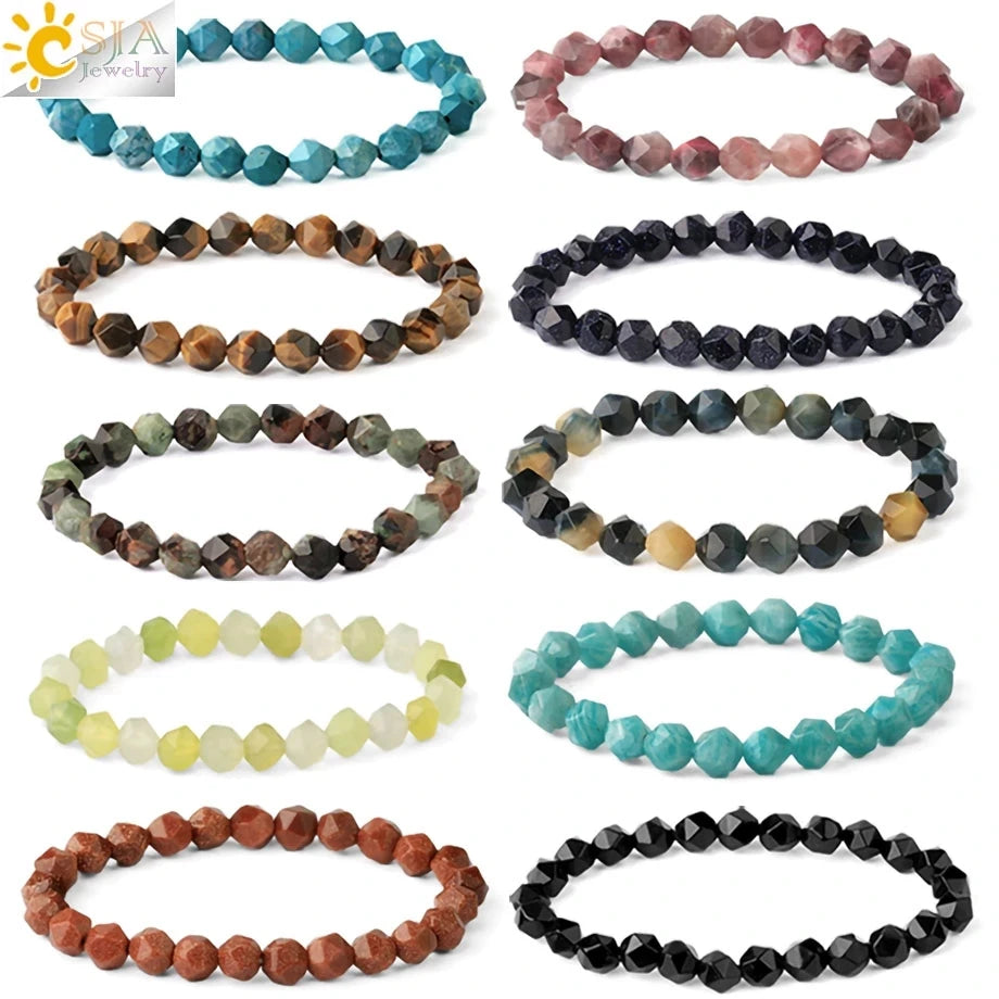 CSJA Trendy Bracelet Natural Crystals Healing Faceted Bead Stones Tiger Eye Aquamarine Elastic Bracelets Man Women G816
