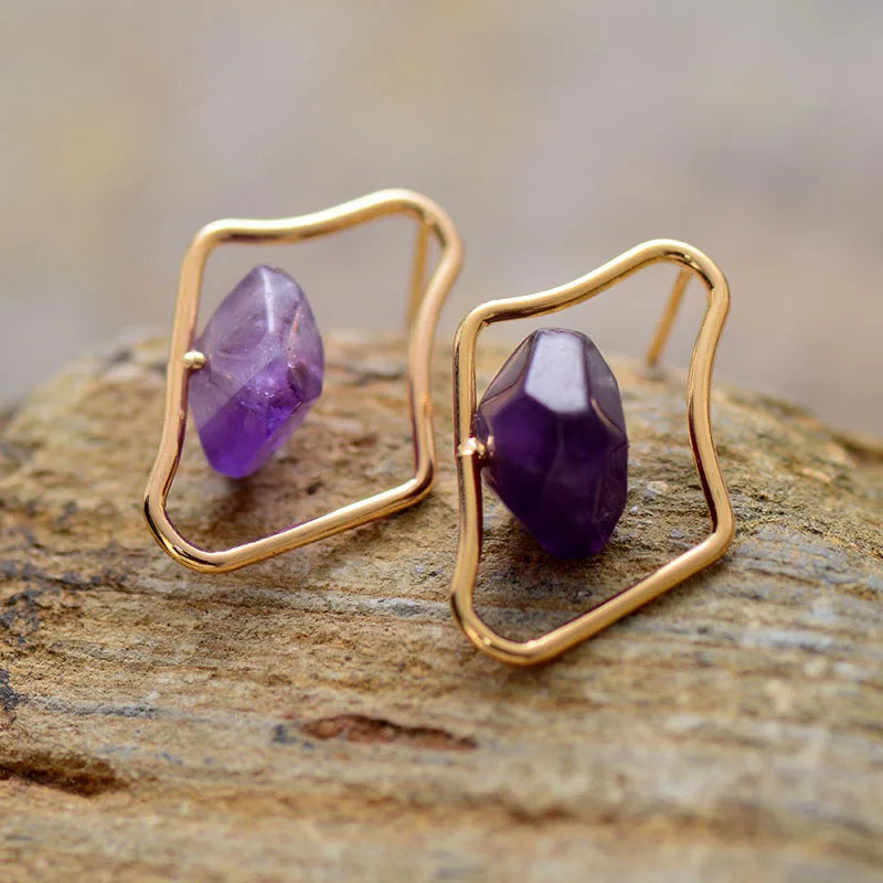 Women's Trending Gold Plated Amethyst Apatite Geometric Beaded Stud Earrings for Wedding or Engagement Natural Stone Jewelry