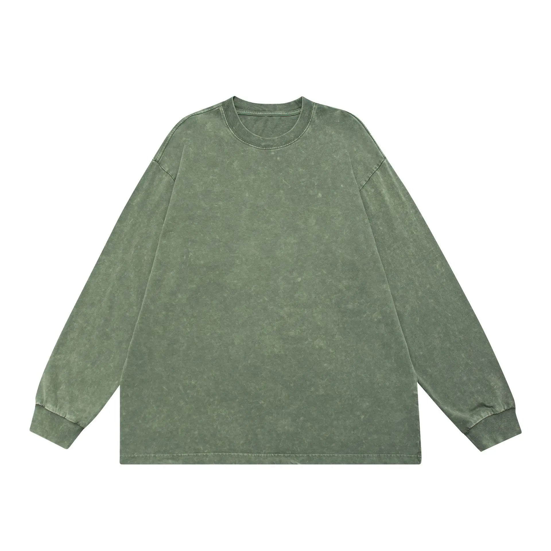 2024 Quality Washed Graphic Tee Custom DTG Print Long Sleeve Top Washed Green 270 Gsm t Shirt