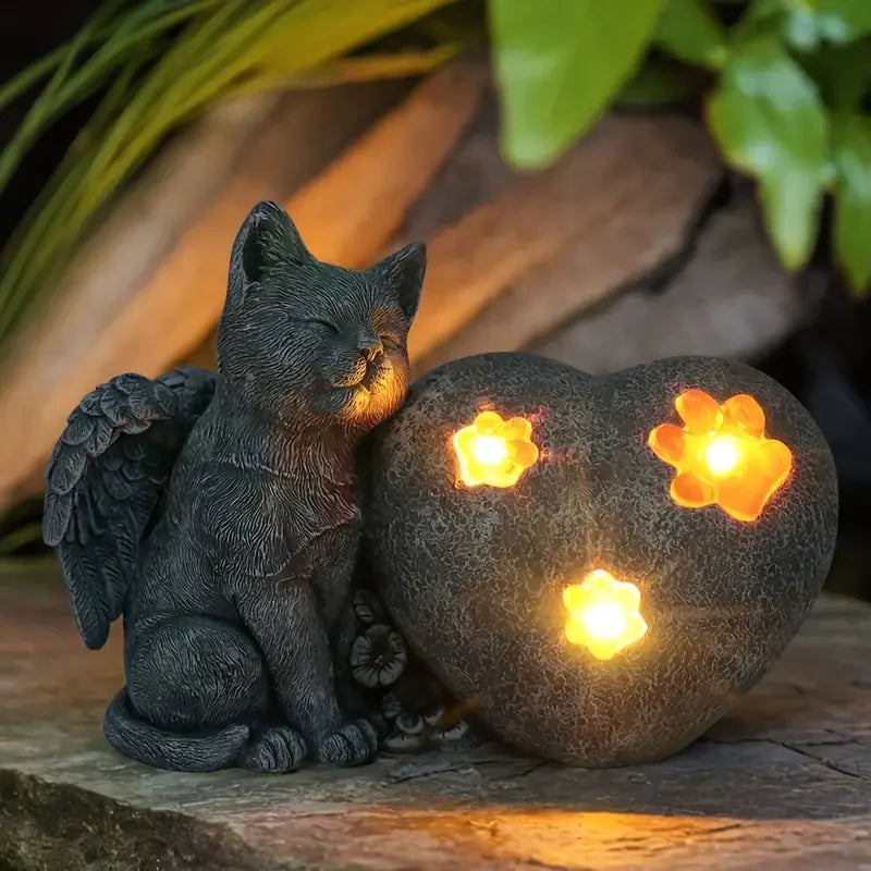 Angel Kitten with Heart Lantern Sculpture Sleeping Black Cat Figurine Cuddling Glowing Heart Stone Warm White LED Night Light