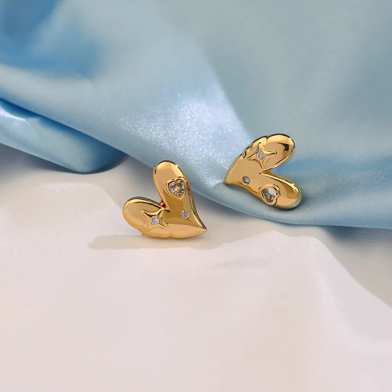 2023 Korean Golden Heart Shape Cute Stud Earrings Zircon for Girl  Women Stainless Steel Ear Needle