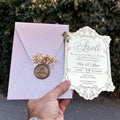 Purple Customized Die Cut Shape Gold Mirror Acrylic White Foiling Printing Quinceanera Invitations Card With Envelope