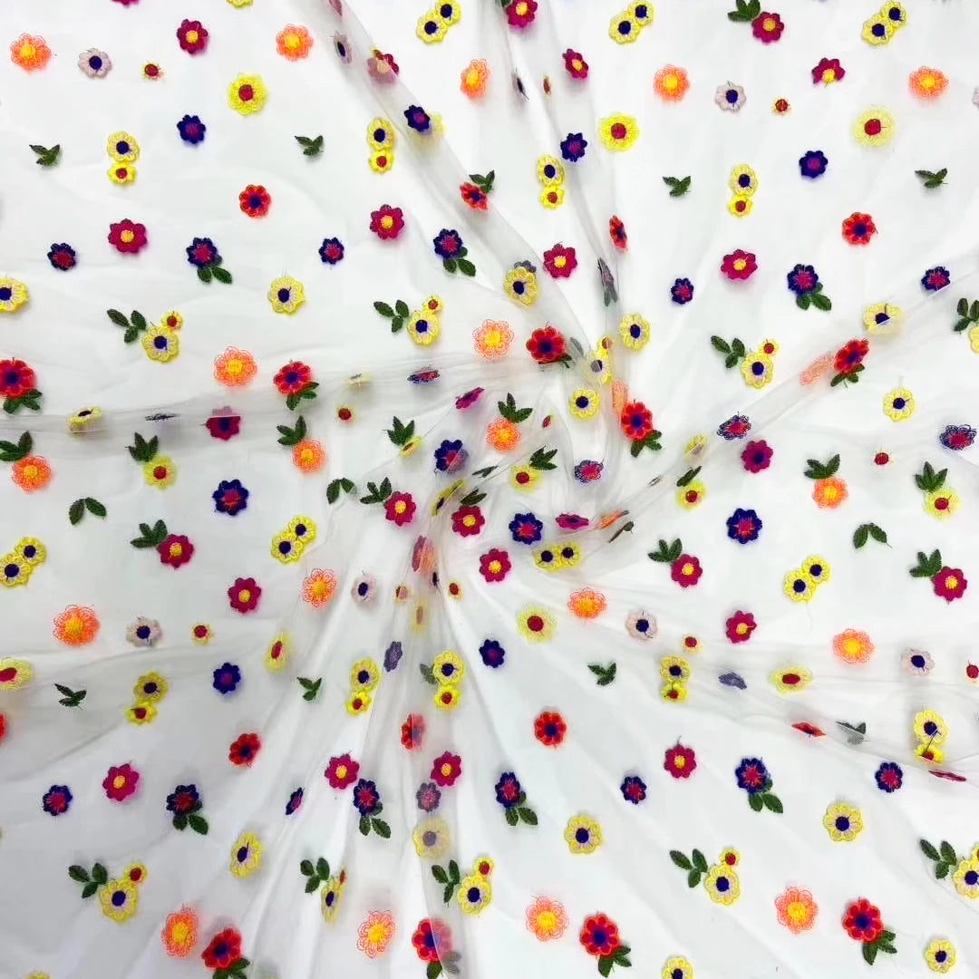 Embroidered Small Colourful Flower Tulle Mesh Lace Fabric 100% Polyester for Wedding Dresses Bags & Shoes-Girls