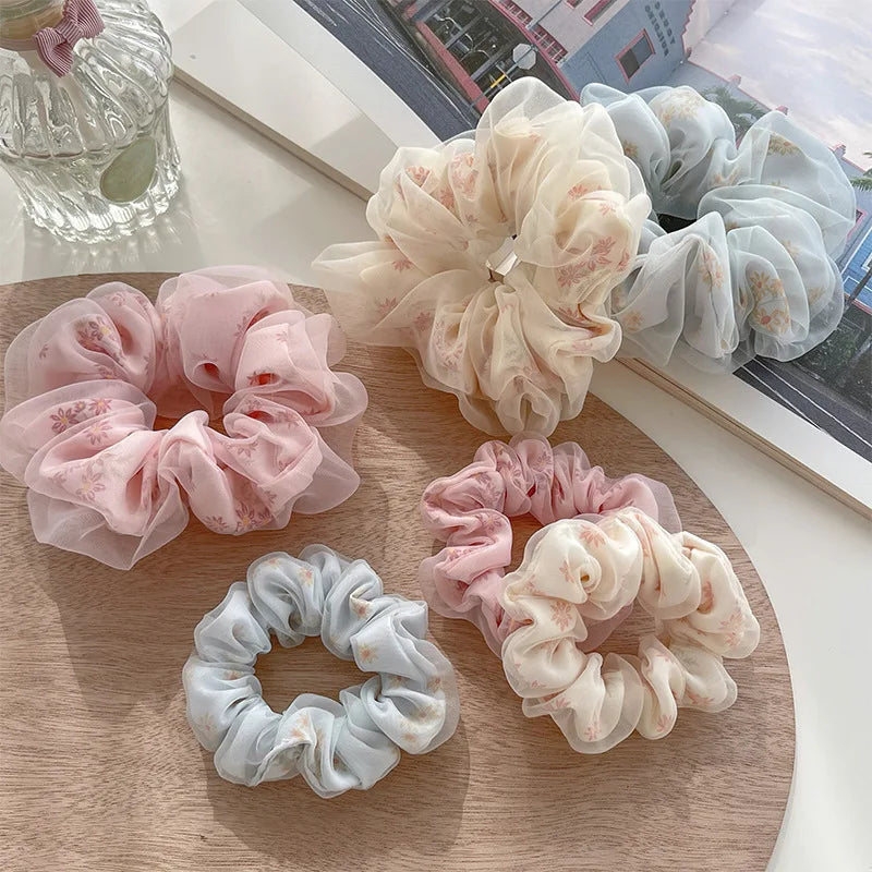Summer Fashion Oversize Double Layer Mesh Hair Scrunchies Girls Floral Print Hair Ties Elastic Hair Band Accessories for Women