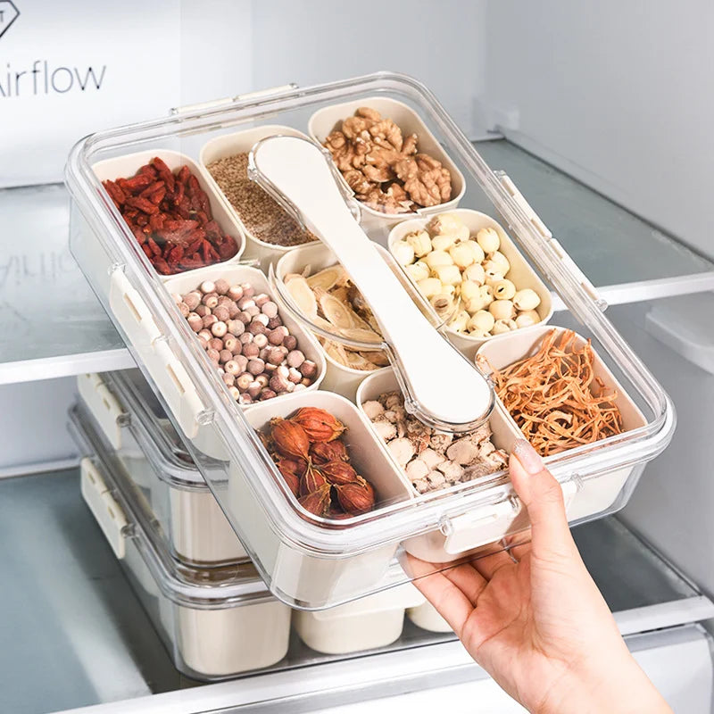 OWNSWING 9 Compartment Food Container Divided Serving Tray With Lid and Handle Plastic Fruit and Veggie Tray for Fridge