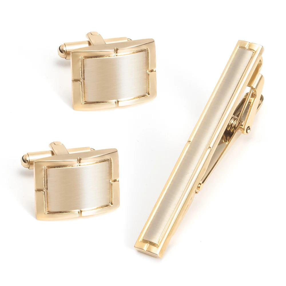 Factory Wholesale French Plated Gold Brushed Metal Brass Cufflink Tie Clip Set for Men Gift