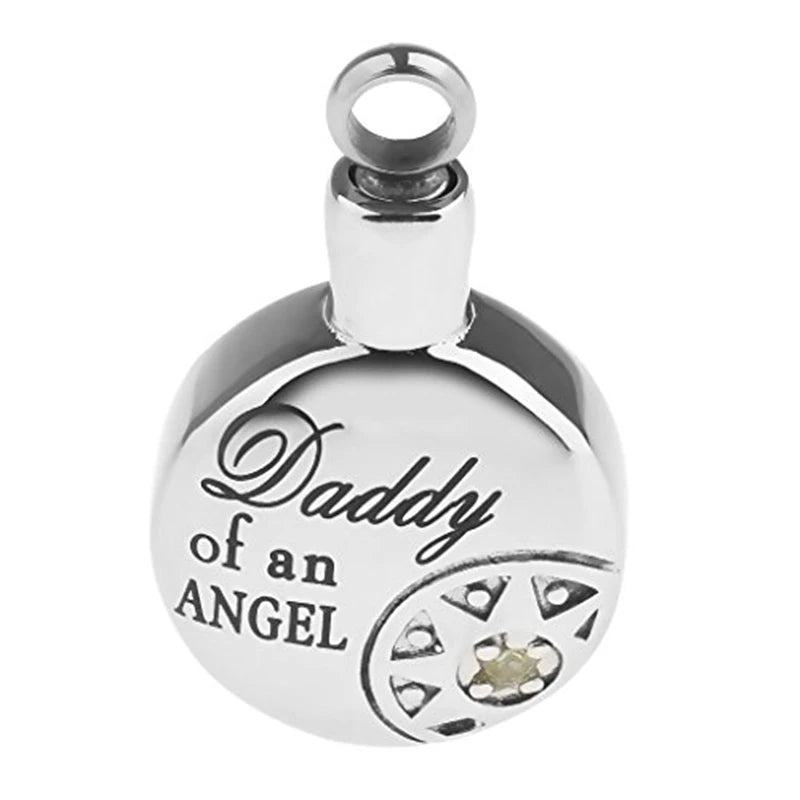 Daddy Mommy Angel Cremation Crystal Round Urn Stainless Steel Ash Memorial Necklace Dad Mom Holder Keepsake Pendant Vintage Jar
