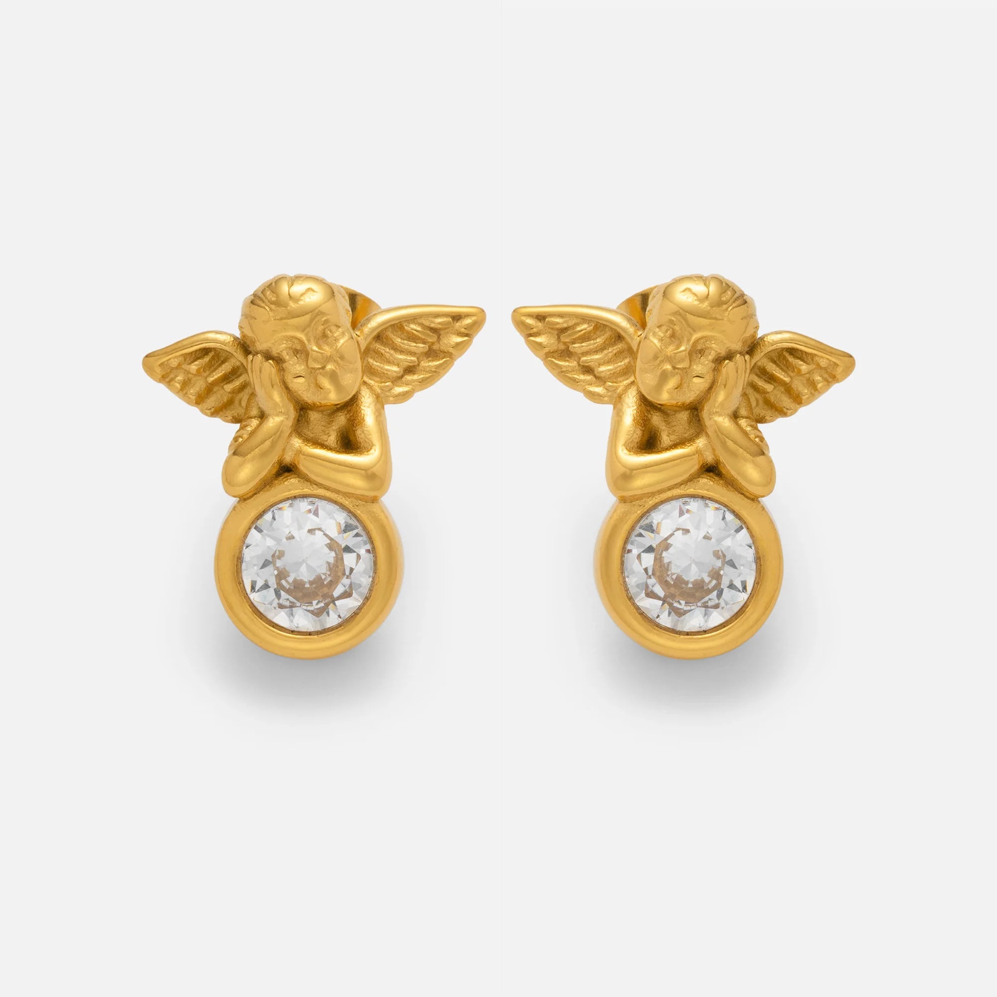 NEW VINTAGE CUPID ANGEL ROUND TINY ZIRCON STUD EARRINGS Dazan INS 18k Gold Plated Hypoallergenic Stainless Steel THEATER JEWELRY