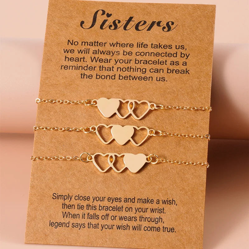 3 Pieces Set Stainless Steel Gold Chain Adjustable Heart Charms Bracelet for Best Friends Sisters Friendship Card Bracelet