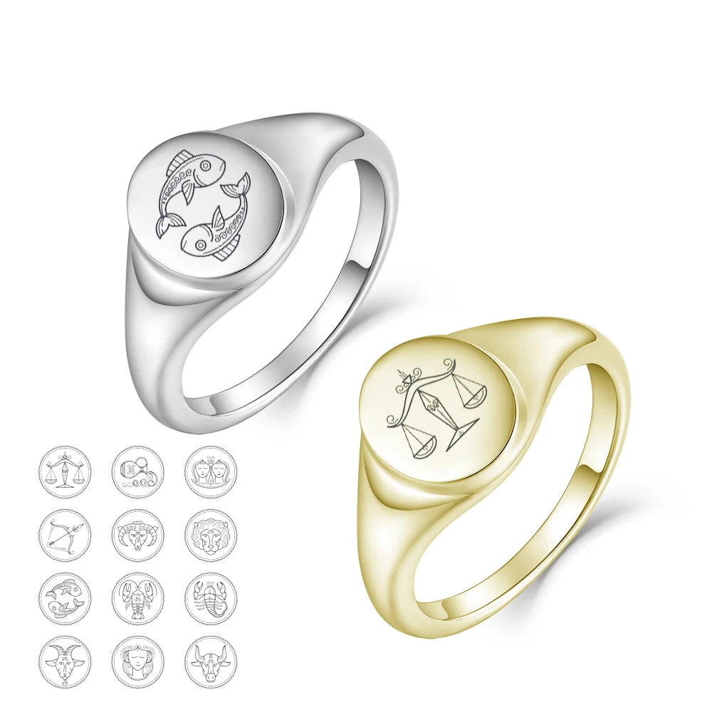 925 Sterling Silver Light Gold Round Ring Custom Laser 12 Zodiac Name Flowers Want Pattern Custom Logo Design DIY S925 Ring