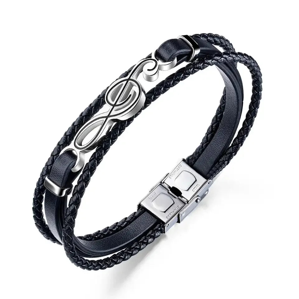 Stainless Steel Musical Notes Women Men Leather Bracelets Punk Rope Chain Music Fans Unique Bangles Bracelet for Male PH1350