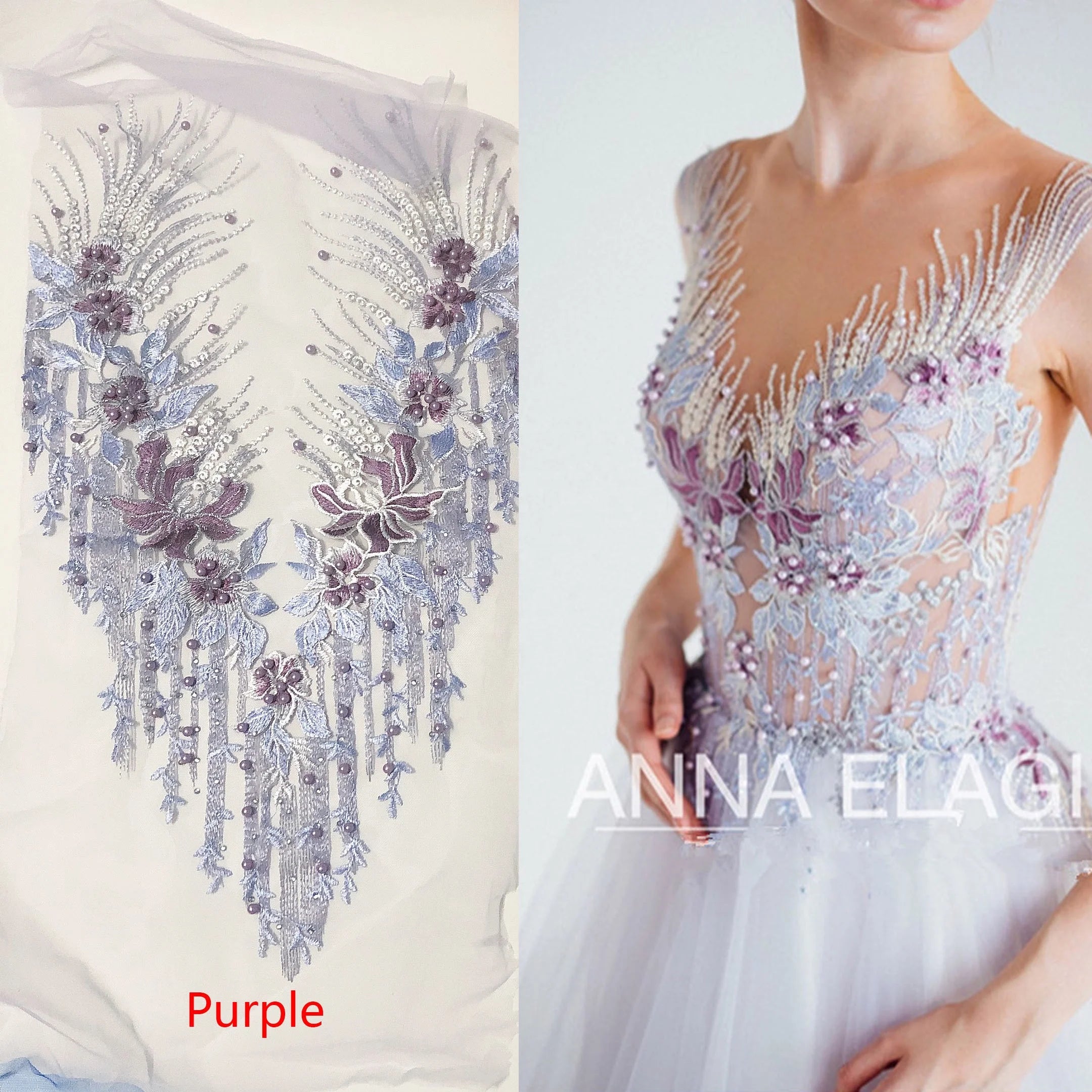Multi Colors Bodice Neckline Decorative Embroidered Lace Beaded Patch Applique LT2302A