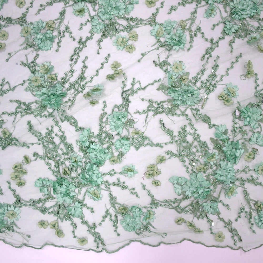 2021 Mint Green Handmade Embroidered Beaded Tulle Lace Border 3d Flower Lace Fabric With Sequins Pearls Laces HY0887