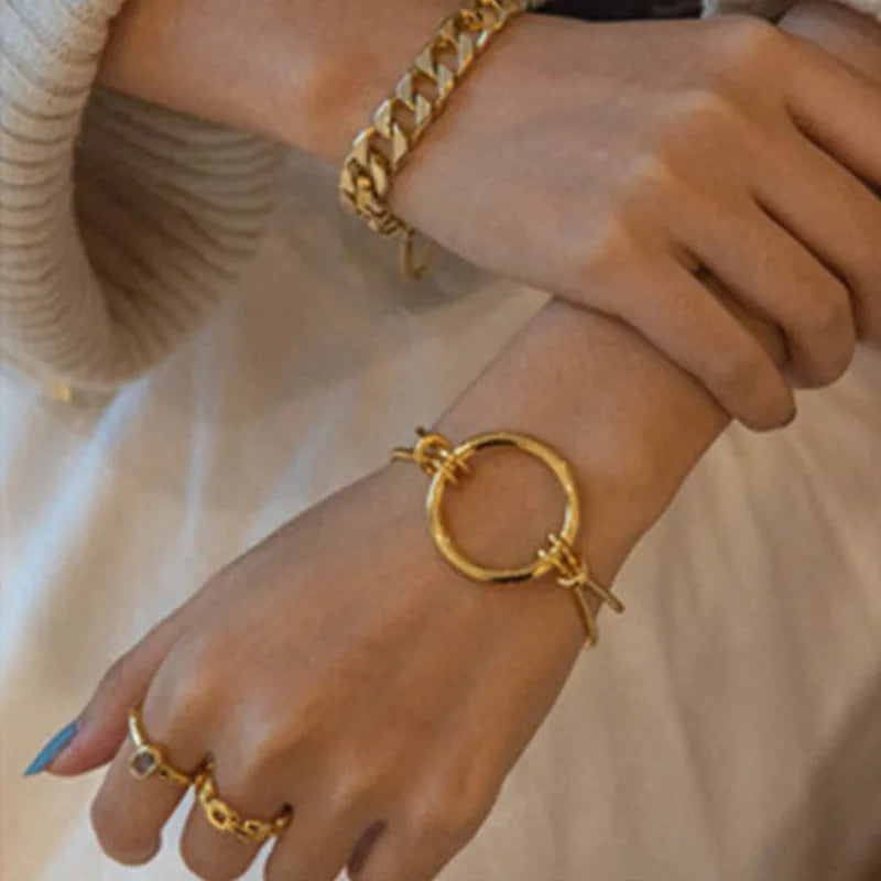 2022 Fashion New Stainless Steel 18K Gold Simple Light Luxury Texture Ring Open Bracelet Spot Wholesale