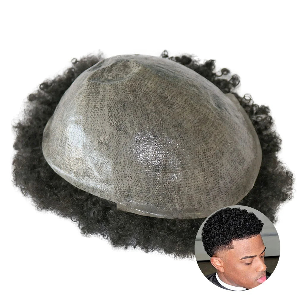 Thin Skin 130% Density Afro Men Wig Hairpieces Wave Toupee Black Remy Human Hair Replacement for Black Men