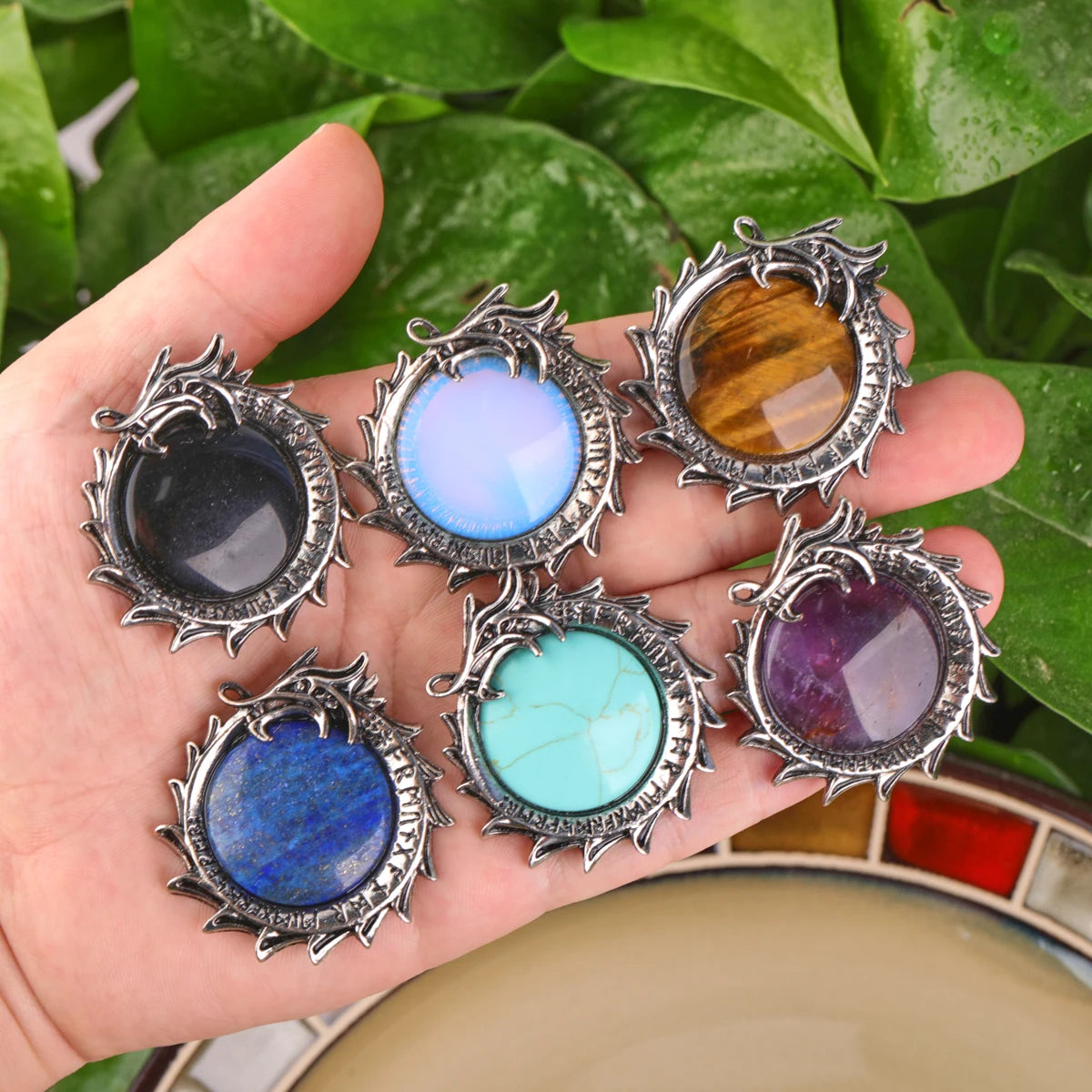 Vintage Children's Crystal Coin Stone Charm Dragon Energy Pendant Antique Silver Plated Crafts Supplies for Jewelry Making