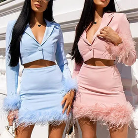 Fleece Spliced Deep V Long Sleeve Open Umbilical Small Suit Tight Fitting Buttocks Skirt Temperament Set 2-piece SML